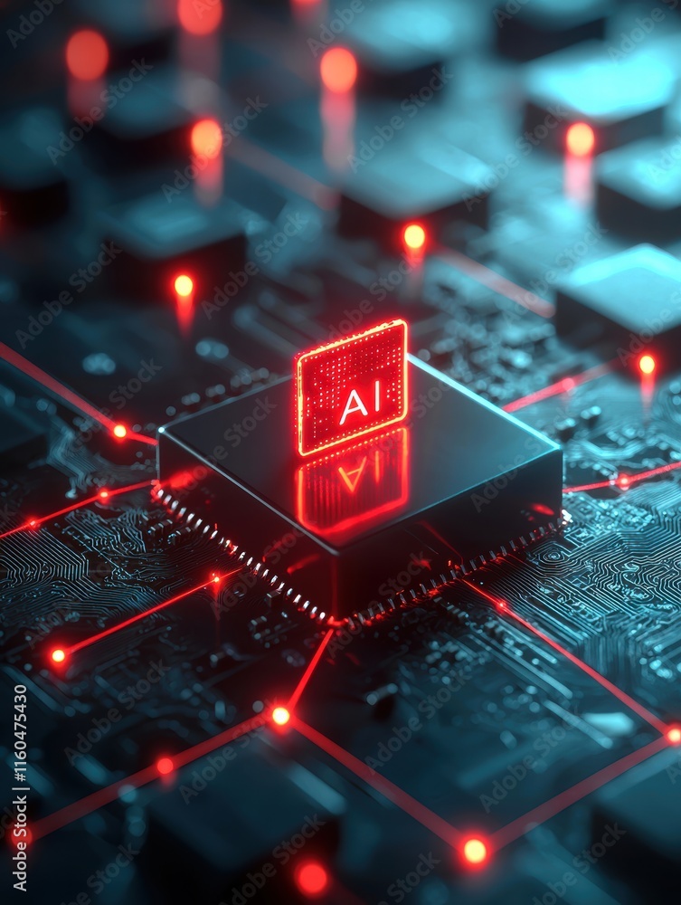 Poster close-up of a microchip with glowing 'ai' symbol, showcasing advanced technology.
