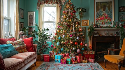 A Festive Christmas Living Room Decorated With A Large Tree And Presents