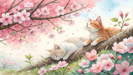 Watercolor painting of cats peacefully lounging among blooming cherry blossoms, vibrant colors, serene mood