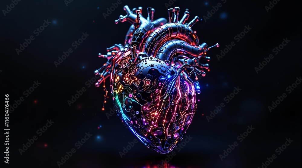 Poster futuristic neon tech heart with circuitry and digital elements on dark background