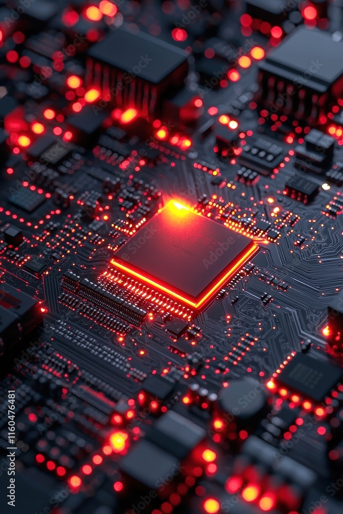 Poster close-up of a vibrant circuit board with glowing red components and a central chip.