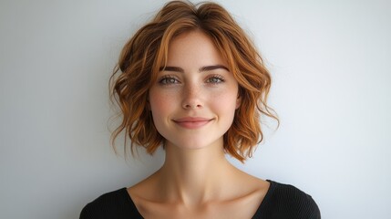 Naklejka premium Artistic short-haired woman with chestnut hair styled in a vintage theme, smiling confidently, on solid white background, single object