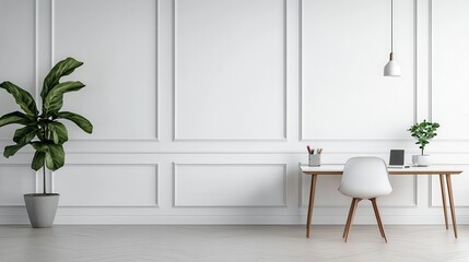 Modern minimalist coworking space with white walls, clean lines, and sleek furniture, Coworking Space, Modern and Minimal