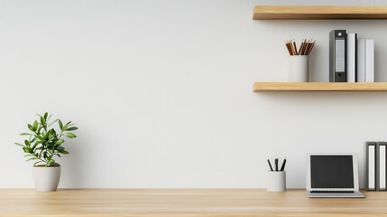 Minimalist coworking space with open shelving, light wood flooring, and neutral color palette, Coworking Space, Minimalist Organization