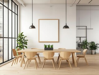 Minimalist coworking space with large communal tables, neutral tones, and an open layout, Coworking Space, Communal Minimalism