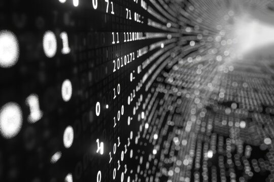 Binary Code Displayed on Digital Screen with Matrix Background. - Powered by Adobe