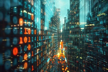 Obraz premium Abstract binary code hologram on New York skyscrapers background. Database and programming concept.