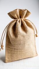 Rustic handmade burlap pouch mockup with brown drawstring on a soft beige background.