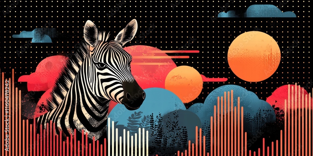 Poster stylized illustration of a zebra amidst colorful graphic elements and soundwave patterns.