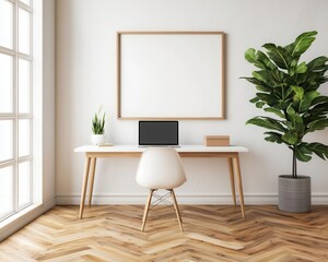 Minimal coworking space with clean white desks, wooden floors, and large open windows, Coworking Space, Airy Minimalism