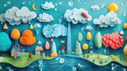 Whimsical Paper Craft Landscape With Houses And Trees