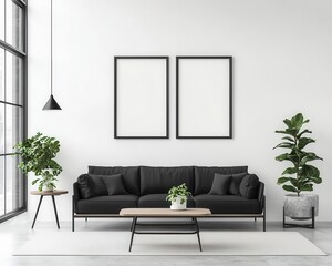 Modern minimalist coworking space with black furniture, white walls, and soft lighting, Coworking Space, Black and White Minimalism