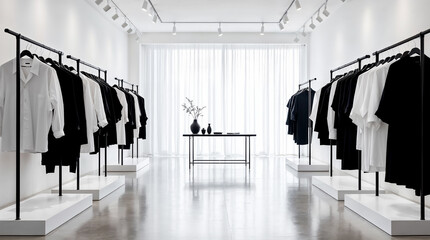 Minimalist Boutique Interior Featuring Monochrome Clothing on Sleek Racks with Bright and Spacious Layout