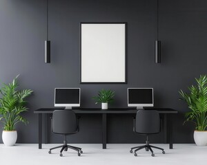 Contemporary minimalist coworking space with sleek black desks, large windows, and clean lines, Coworking Space, Contemporary Minimalism