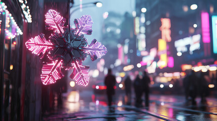 An otherworldly snowflake with polished metal veins and semi-transparent layers filled with glowing circuits, suspended over a bustling cyberpunk metropolis. Neon lights in shades