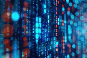 Big data power displayed on computer monitor with binary code.