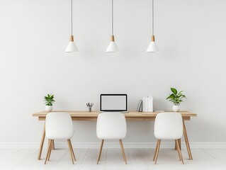 Clean and bright minimalist coworking space with organized layout, soft lighting, and neutral tones, Coworking Space, Clean and Bright