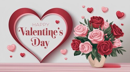 Romantic design, a card with a large red heart with the words &lsquo;Happy Valentine's Day&rsquo; inside with a bouquet of roses . 