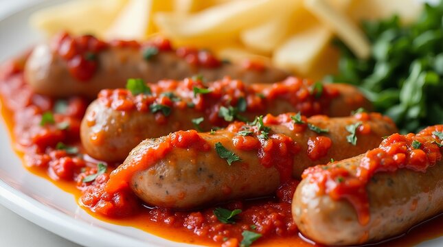  Juicy sausages in a savory tomato sauce, garnished with fresh herbs, served on a white plate with fries in the background.