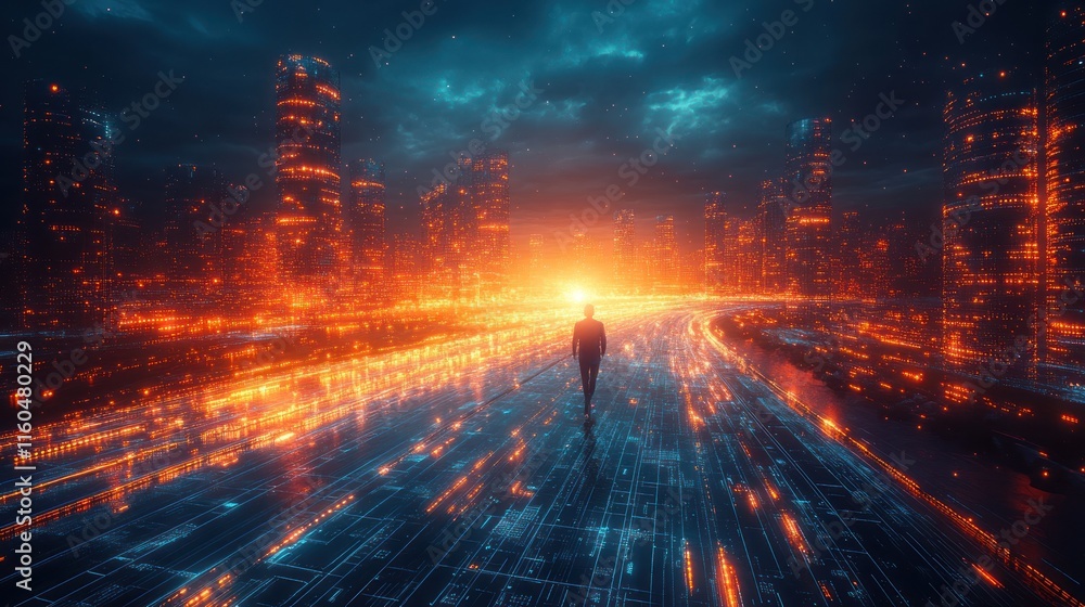 Poster digital technology design with a sleek blue theme, featuring intricate grid patterns and modern ai v