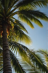 Obraz premium green wallpaper, Bright tropical palm leaves swaying under a clear sky