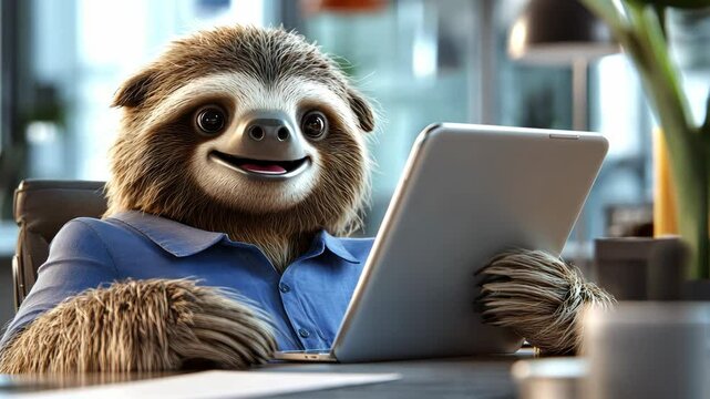 Cartoonish sloth is sitting at a desk with a tablet in front of him. Concept of humor and playfulness, as the sloth is not a typical office worker