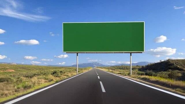 Large green screen billboard mounted over a deserted highway in the middle of nowhere. Big advertisement poster template, mockup. Big marketing sign over an empty road. Commercial message mockup.