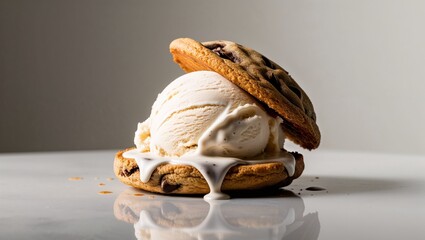 Ice cream sandwich with vanilla ice cream between two chocolate chip cookies