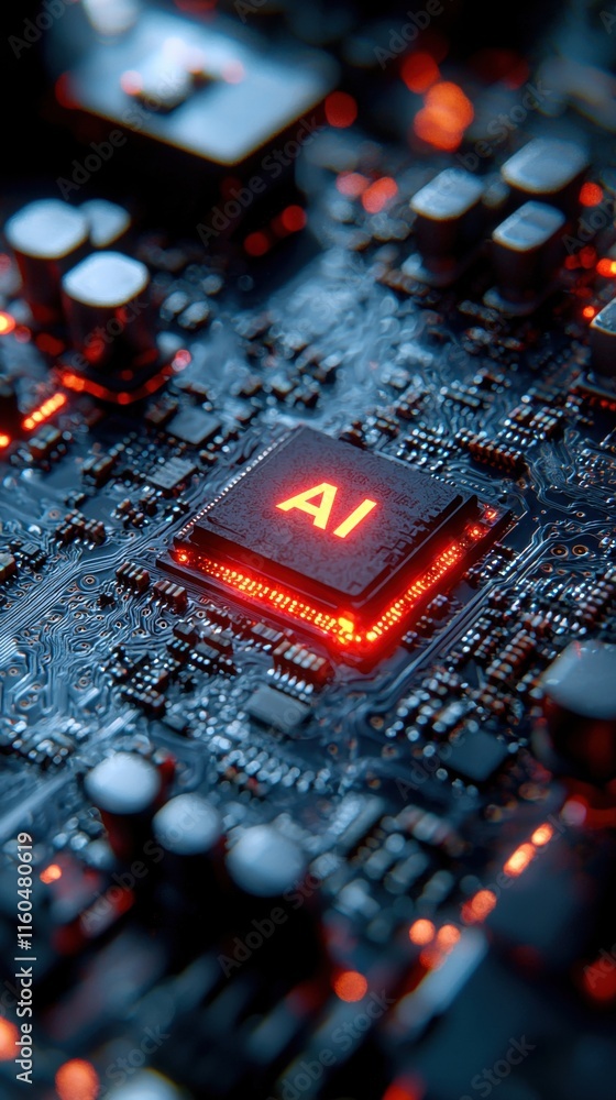 Aufkleber close-up of a circuit board featuring an illuminated ai chip in a futuristic design.