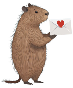 Cute copybara holding an white envelope with the red heart on it 8