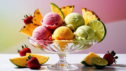  Bowl of colorful sorbet scoops in mango, raspberry, and lime flavors served with fresh fruit slices