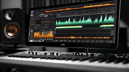 Obraz premium Computer screen displaying audio waveform, connected to midi keyboard and studio monitor.