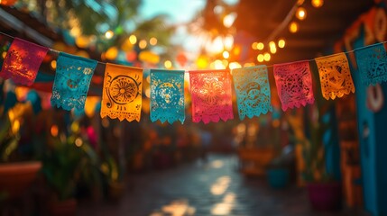 Vibrant Latin American party scene featuring festive banners, flags, and traditional decorations