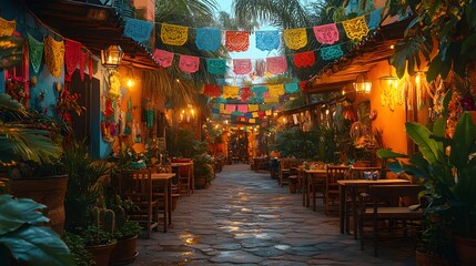 Naklejka premium Vibrant Latin American party scene featuring festive banners, flags, and traditional decorations