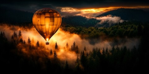 Obraz premium Hot air balloon flying over foggy forest at sunset