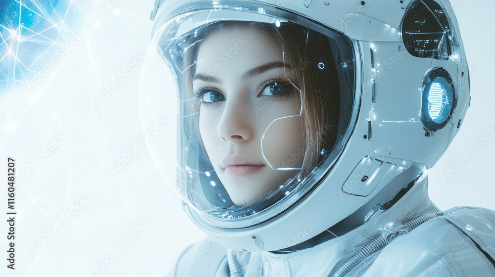 Poster female engineer in space exploration uniform, posing in a high-tech setting with cosmic visuals, on 