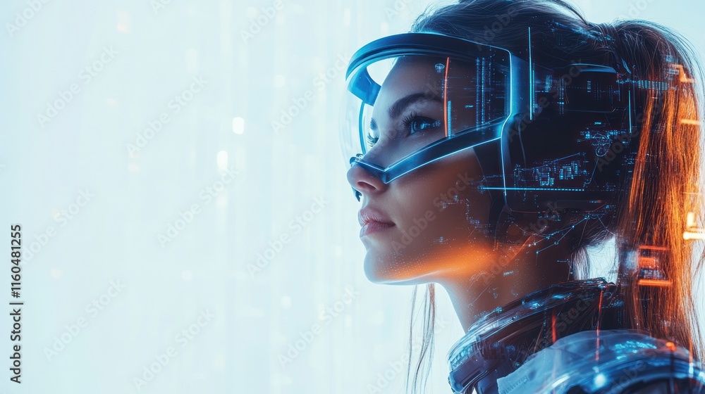 Poster female engineer in space exploration uniform, posing in a high-tech setting with cosmic visuals, on 