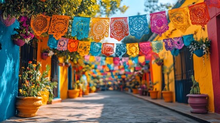 Vibrant celebration scene with Latin American cultural decorations, waving flags, and colorful designs