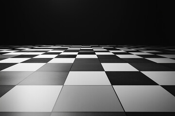  Elegant black and white chessboard background with reflective stone tiles, offering depth and sophistication. Dark empty space ideal for text, product displays, photography, or digital artwork