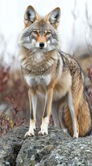 Naklejka premium A coyote standing on a rock with a blurred natural background.
