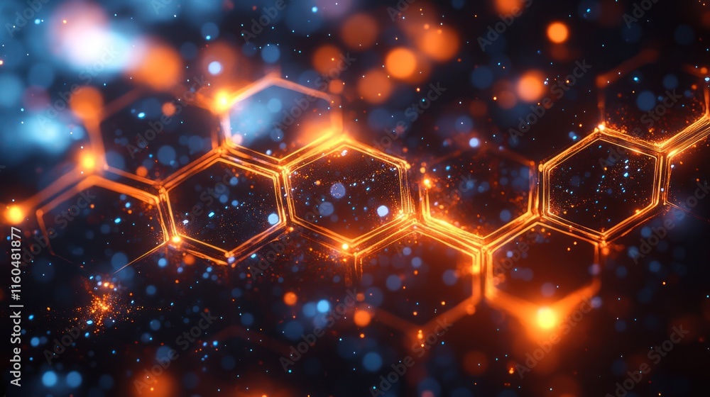 Poster hexagonal technology design for biotech, blending molecular structures with abstract patterns