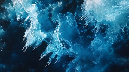 A frozen waterfall with icicles forming dynamic, abstract shapes in varying shades of blue.