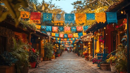 Fototapeta premium Festive decorations with Latin American flags, colorful ornaments, and traditional cultural elements