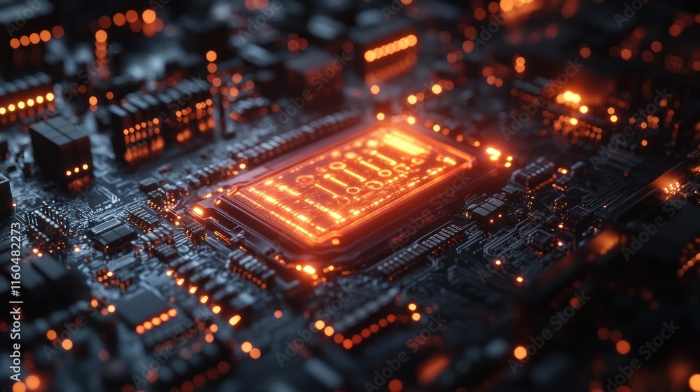 Poster holographic ai cpu with dynamic interaction, combining cutting-edge visuals with motion graphics for