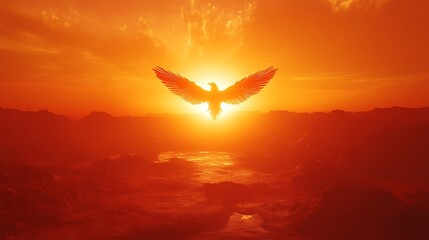 A glowing phoenix symbol soaring high in a brilliant orange and red sky.