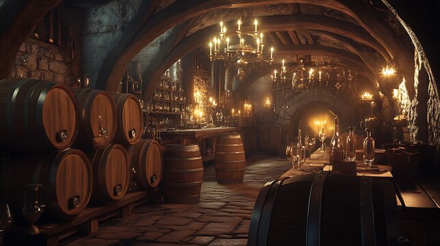 Dark, stone cellar with barrels, bottles, and chandeliers.