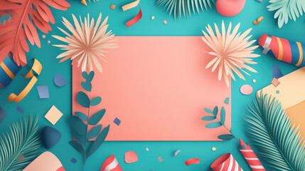 A blue background with a pink frame and a green leaf