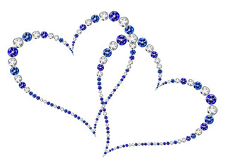 Luxury jewel diamonds with two Love Heart shape. Elegance blue gemstone isolated on transparent background cutout. Luxury festive design for valentine, birthday, holiday, card etc.