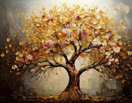 autumn tree in autumn, Golden tree in the forest oil paint, gold tree with spring flowers with blue background wall art