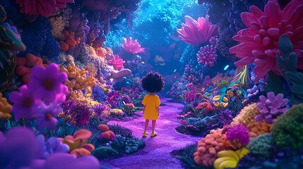 Child Exploring a Vibrant Fantasy Garden Path